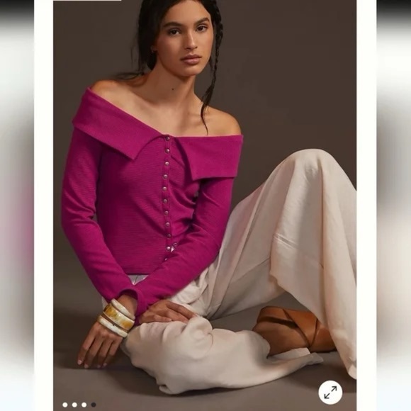Anthropologie Maeve Off Shoulder Top Ribbed Collared Snap Front Long Sleeves XS - Picture 1 of 11